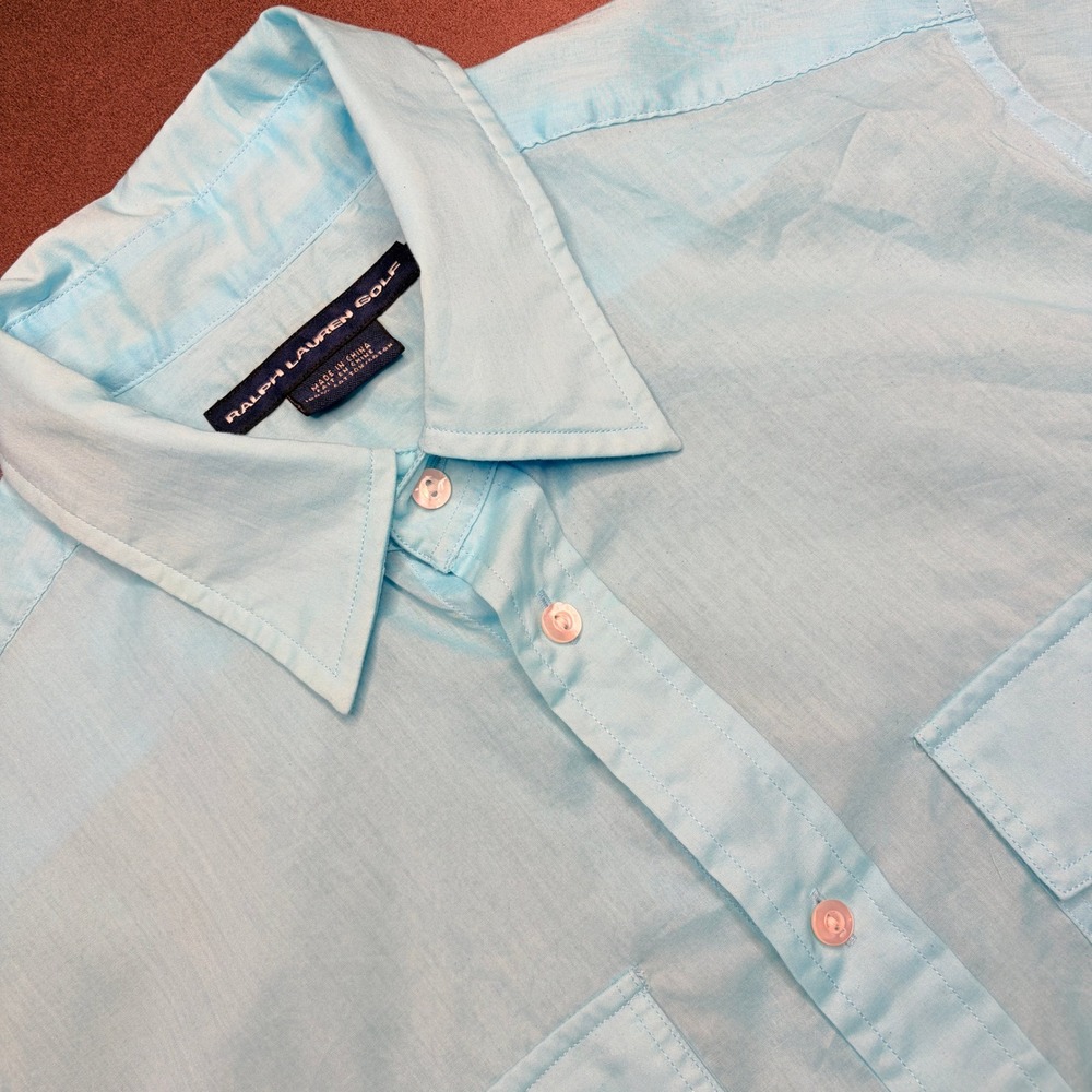 Ralph Lauren Golf Button Front Shirt Wmn 10 Blue Cotton Roll Tab Pocket Classic